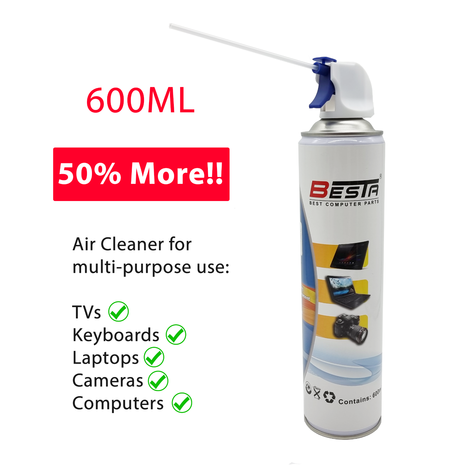Compressed Air Duster 600ML on Can for Laptop PC Keyboard Camera TV