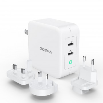 Choetech PD6008 GAN dual USB-C 100W AC adapter + Free travel charger ( US/EU/UK/AU) White