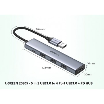 UGREEN 20805 USB 3.0 A 4 Ports HUB With USB-C Power Port