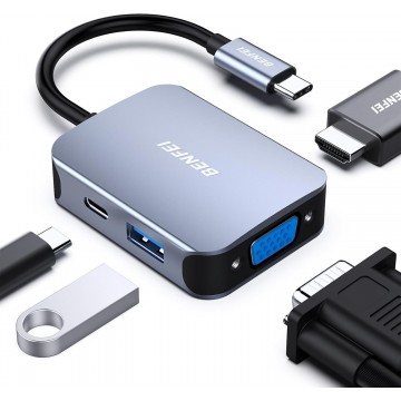 BENFEI 000310GY USB-C 4in1 HUB - USB-C to HDMI / VGA / USB3.0 / USB-C PD Adapter Compatible with MacBook / Surface Book / Pixelbook