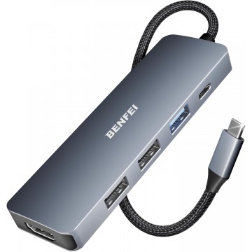 BENFEI 000360GY USB-C Hub 5-in-1 with 4K HDMI(Certified) 3 x USB-A, 100W PD, Silicone and Woven Design Cable, Aluminum Case
