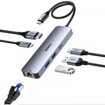 BENFEI 000379GY 6-in-1 USB C Hub with 4K HDMI / 2 x USB-A / USB-C 5Gbps Data / 100W PD / Gigabit RJ45 for I-phone15/16 / Mac /PC
