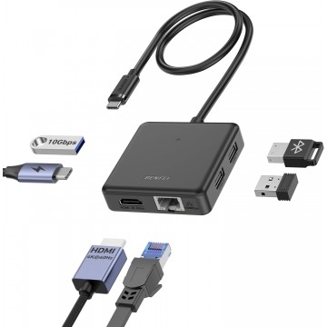 BENFEI 000399BK 6 In 1 USB-C HUB to HDMI (8K) + USB3.2 (10Gbps) +USB2.0 x 2 + PD100W + RJ45 Black