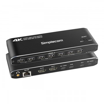 Simplecom KM590 2-Port USB-C Dual 4K HDMI Monitor KVM Switch and Docking Station with Network Sharing