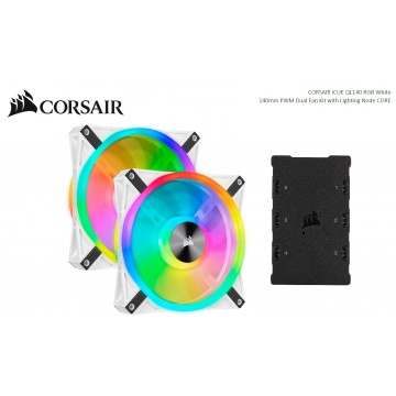 Corsair QL140 RGB White Dual Fan Kit with Lighting Node Core, ICUE, 140mm RGB LED PWM Fan 26dBA, 50.2 CFM, 2 Fan Pack