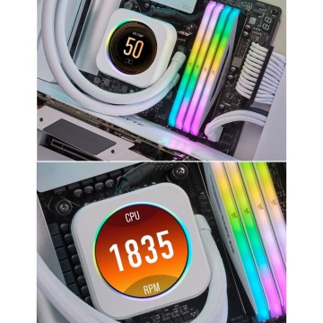 CORSAIR iCUE ELITE CPU Cooler LCD White Display Upgrade Kit transforms your CORSAIR ELITE CAPELLIX CPU cooler into a personalized dashboard